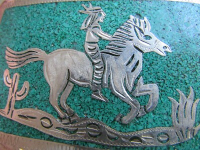 STERLING SILVER & TURQUOISE belt buckle western horse MARKED  display picture 2