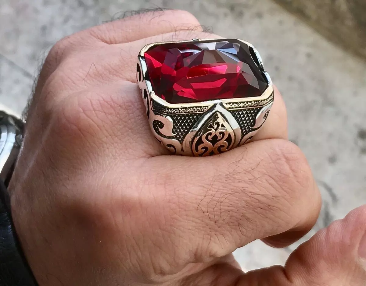 Sword Model Red Zircon Stone Silver Mens Ring with Arabic Tawhid » Anitolia