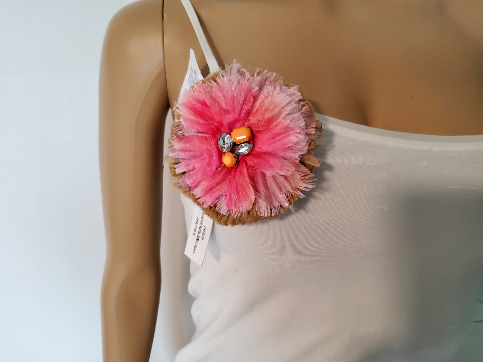 Dip Dyed Silk Raffia Jewel Beaded and Imitation Diamond Brooch
