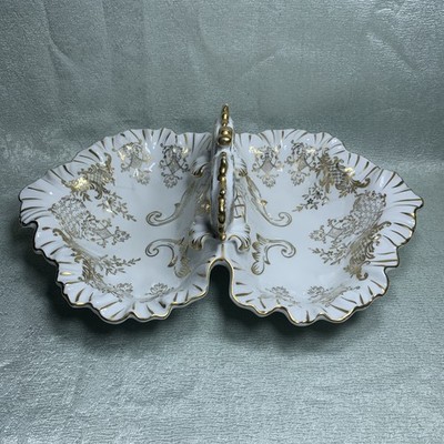 Antique Large 2 Part Divided Gold Trimmed White Porcelain Serving Dish Platter