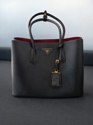 Large Medium Prada Double Tote Saffiano Cuir Black with Fiery Red Nappa Leather