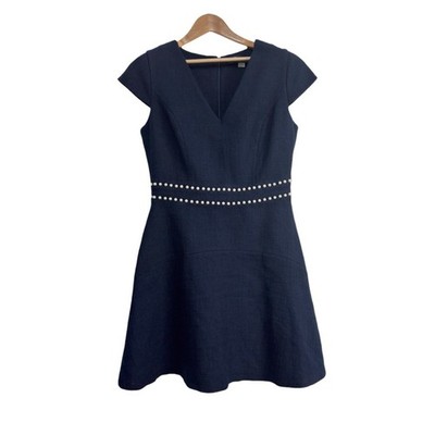 Karl Lagerfeld Paris Navy Tweed Mini Dress Pearl Waist V Neck Size 8