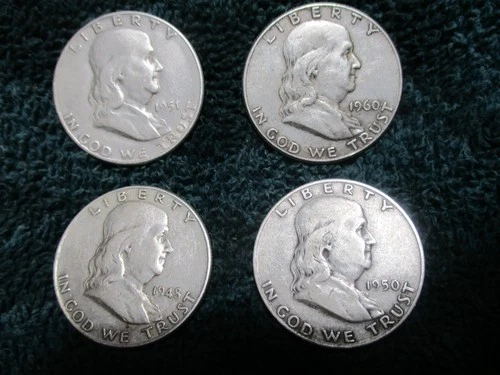 4 Ben Franklin half dollars. 1950D, 1951S, 1948D, 1960  v. good,