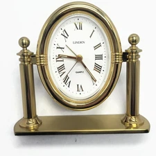Vintage Linden Brass Chime Mantle Desk Clock Roman Numerals - Tested Working