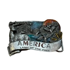 Vtg. America Belt Buckle Bergamot Brass Works 1984 Silver Color W/ Enamel Deer