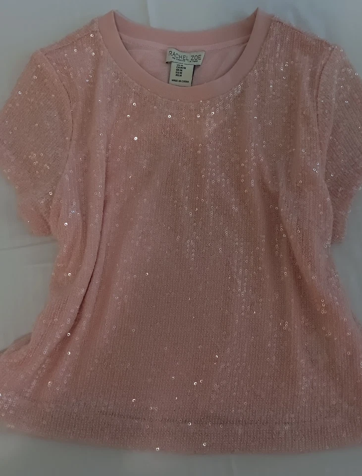 Top de mujer Rachel Zoe mediano rosa lentejuelas manga corta talla M $19 Foto 4 de 4