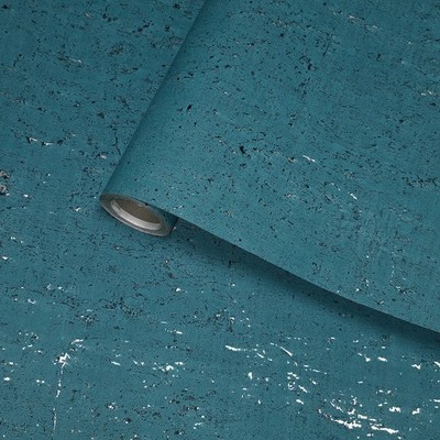 Real natural cork textured matte teal blue silver metallic foil modern Wallpaper