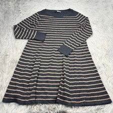 LOFT Women's L Gray Tan Striped Knit Sweater Dress Preppy Twee Academia
