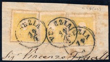 Lombardo Veneto Frammento Venezia 3 pezzi II emiss. II tipo 2 soldi giallo n.28