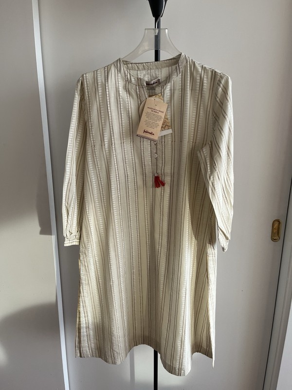NWT Fabindia Kurta Tunic Top Kurta 100% Cotton Ivory & Brown Stripes Large