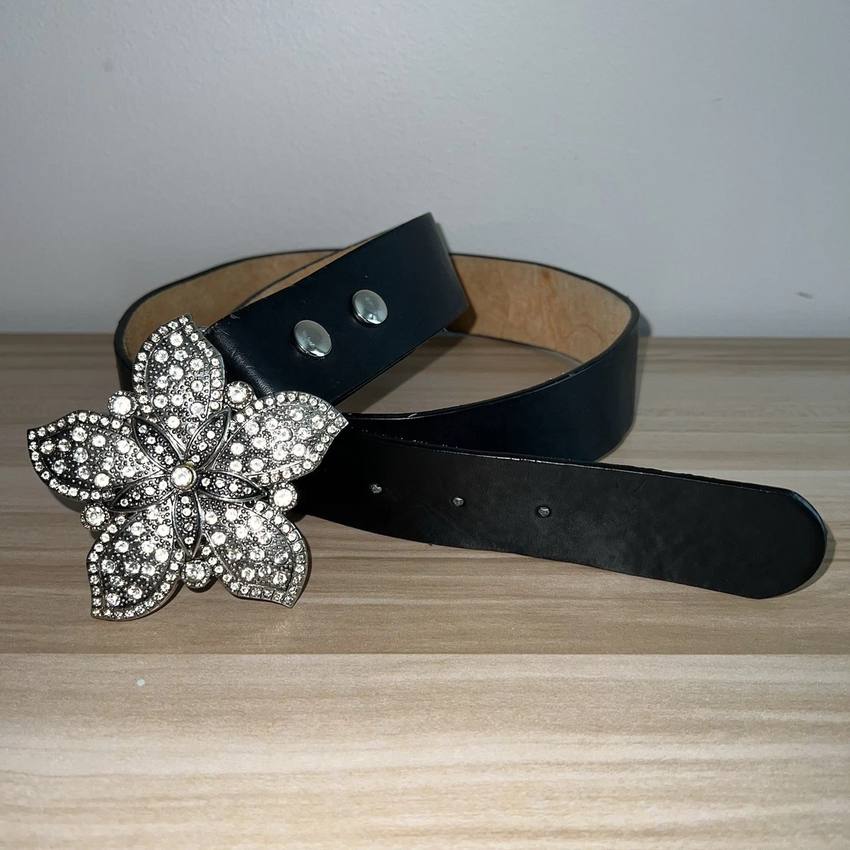Leatherock Floral Leather Belt with Rhinestone Flower Buckle Vintage  main image 4