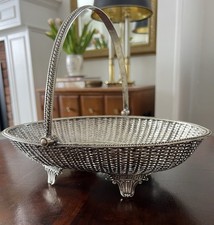 ANTIQUE SILVER PLATE SWING HANDLE Wedding Brides Basket Woven Ornate Bread Fruit