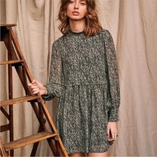 Sezane Odile Dress Womens 2 Paisley Print High Neck Mini Flare Long Sleeve