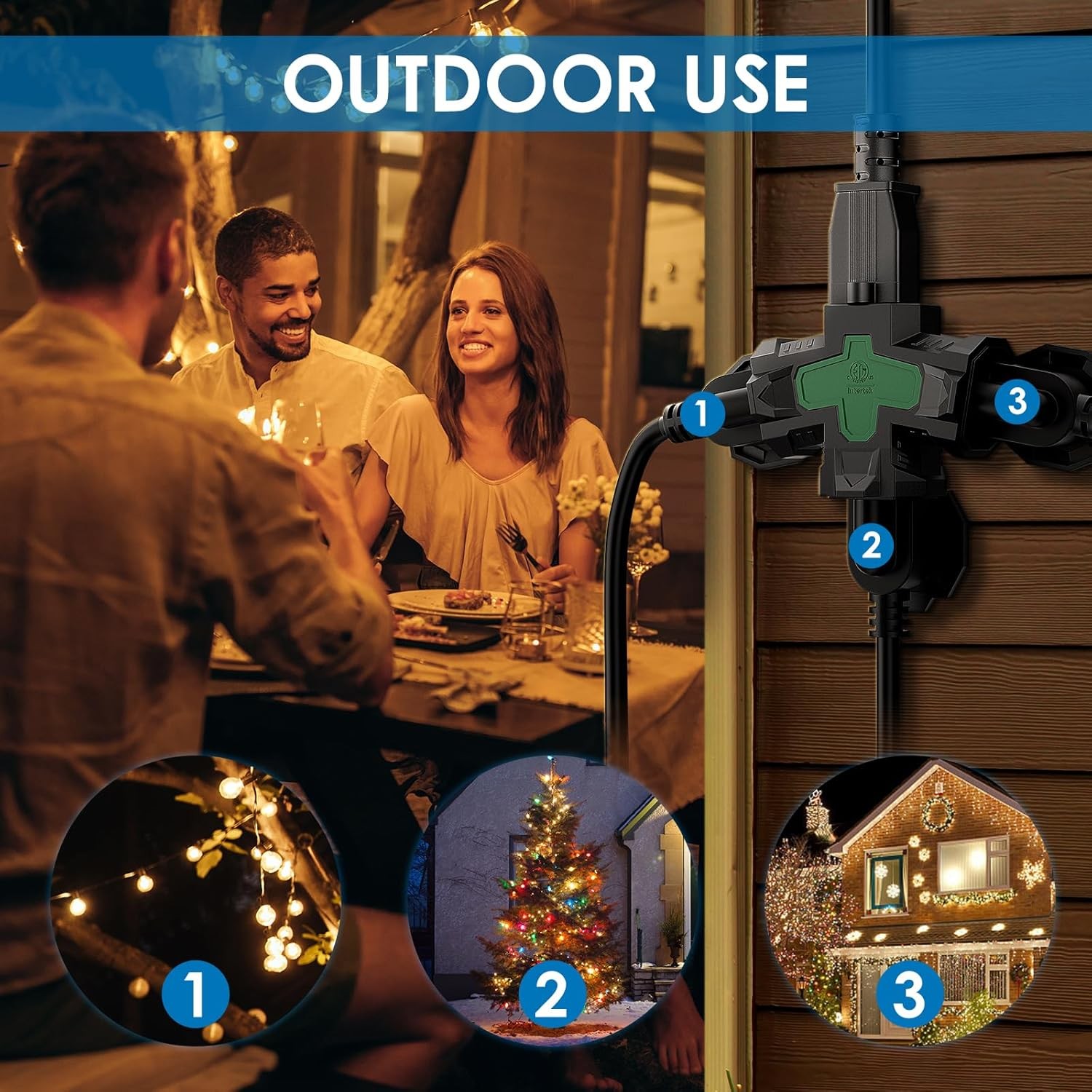 K KASONIC - Electrical Multi-Outlet, 3-Way Indoor Outdoor Adapter with Green 