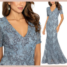 NWT $299 XSCAPE [ 4 ] Embellished Soutache Lace V-Neck Gown in Smoke Blue #J2050