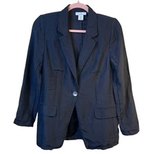 H By Halston Women’s Blazer S Navy Blue Linen Blend Jacket Capsule Minimalist