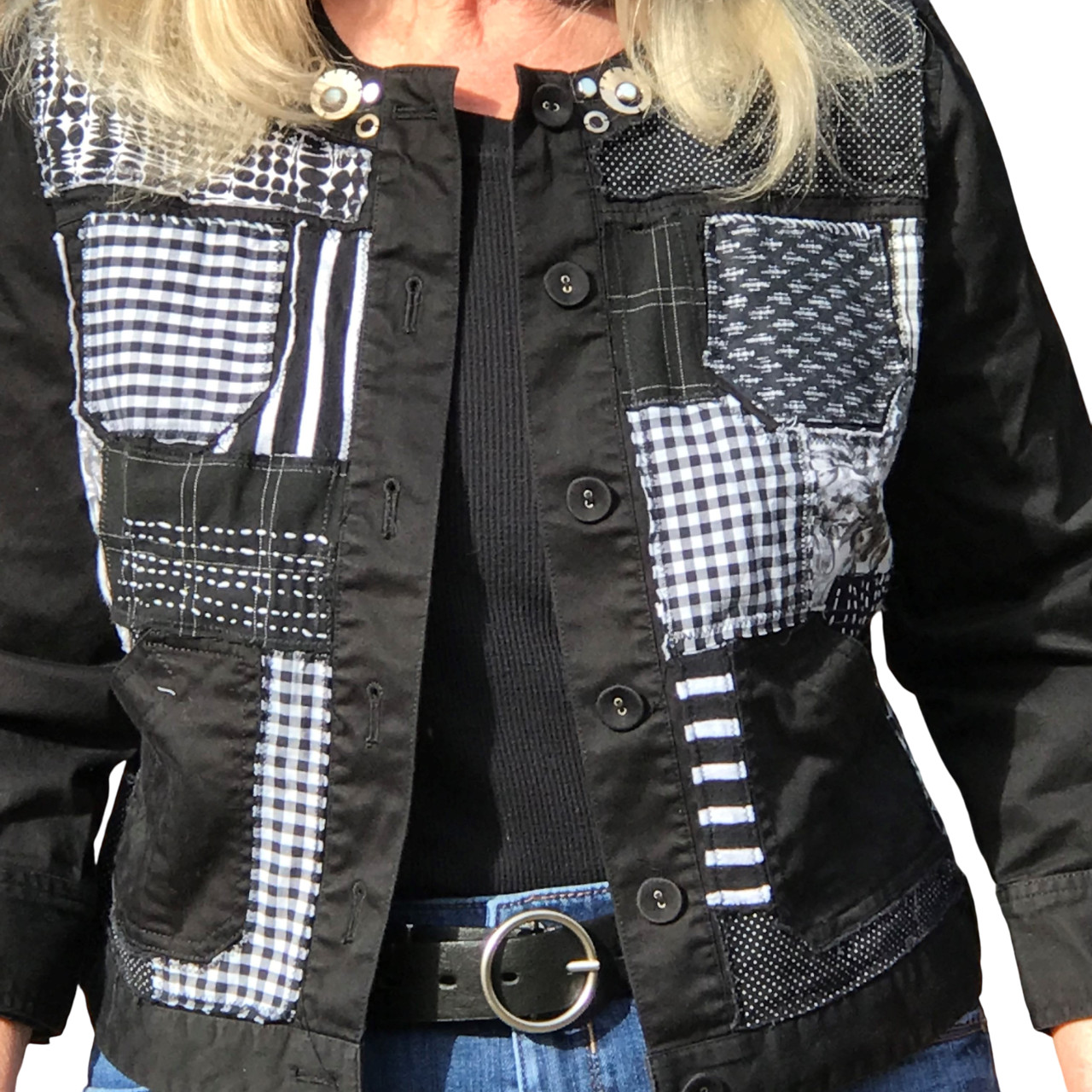 Boho Patchwork Jacket: Upcycled Sashiko Black Whi… - image 1