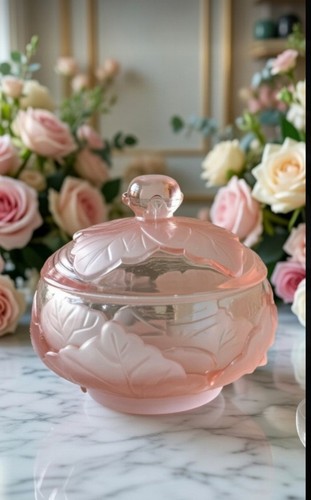 Vintage Viking Glass Covered Candy Dish Pink Hand Made Sticker