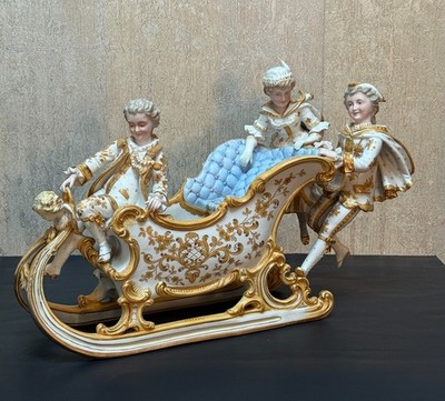 Rare Large Sitzendorf Rococo Porcelain Sleigh Figural Grouping 1902-1918