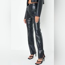 Image of Missguided Faux Leather Split Hem Black Trousers Size 10