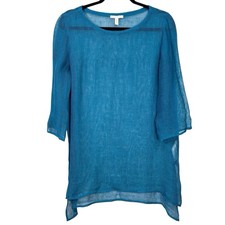 Eileen Fisher Organic Linen Slub Knit Tunic Boat Neck Top Womens Small Sea Blue