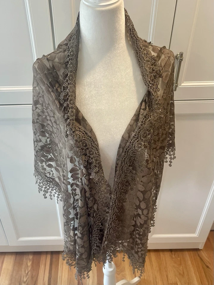 Cachecol de confete de renda vitoriano pendurado xale feminino marrom acastanhado tamanho 1 - Imagem 2 de 4