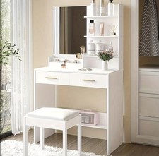 Toeletta Bianca con Specchio 4 Scaffali e 2 Cassetti Mobile Camera e Soggiorno
