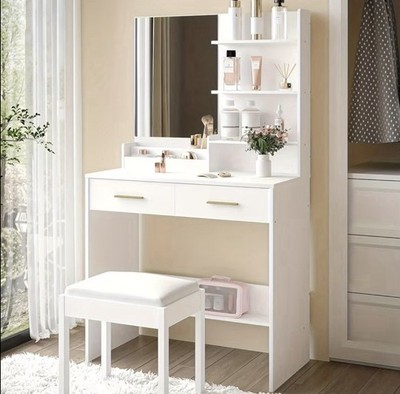 White Toilet with Mirror 4 Shelves and 2 Drawers Bedroom and Living Room Furniture