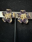 Vintage Goldtone Purple Enamel Rhinestone Flower Clip Earrings — photo 4