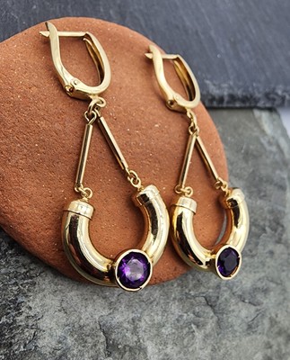 14k 0,585 Gelbgold Amethyst Halbmond Chandelier Swing 2'' Ohrringe Au 25119