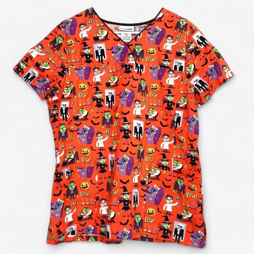 ScrubStar Women's Orange Halloween Scrub Top Size L Short Sleeve