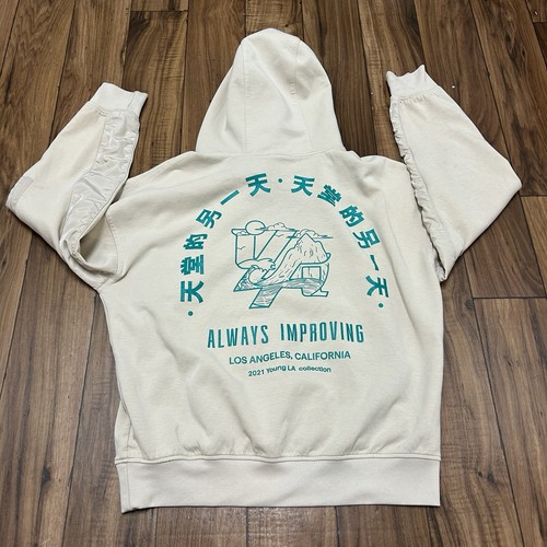 Young LA Hoodie Mens Large Beige Tan 521 Goat Always Improving Logo Gym Lifting - Picture 13 of 14