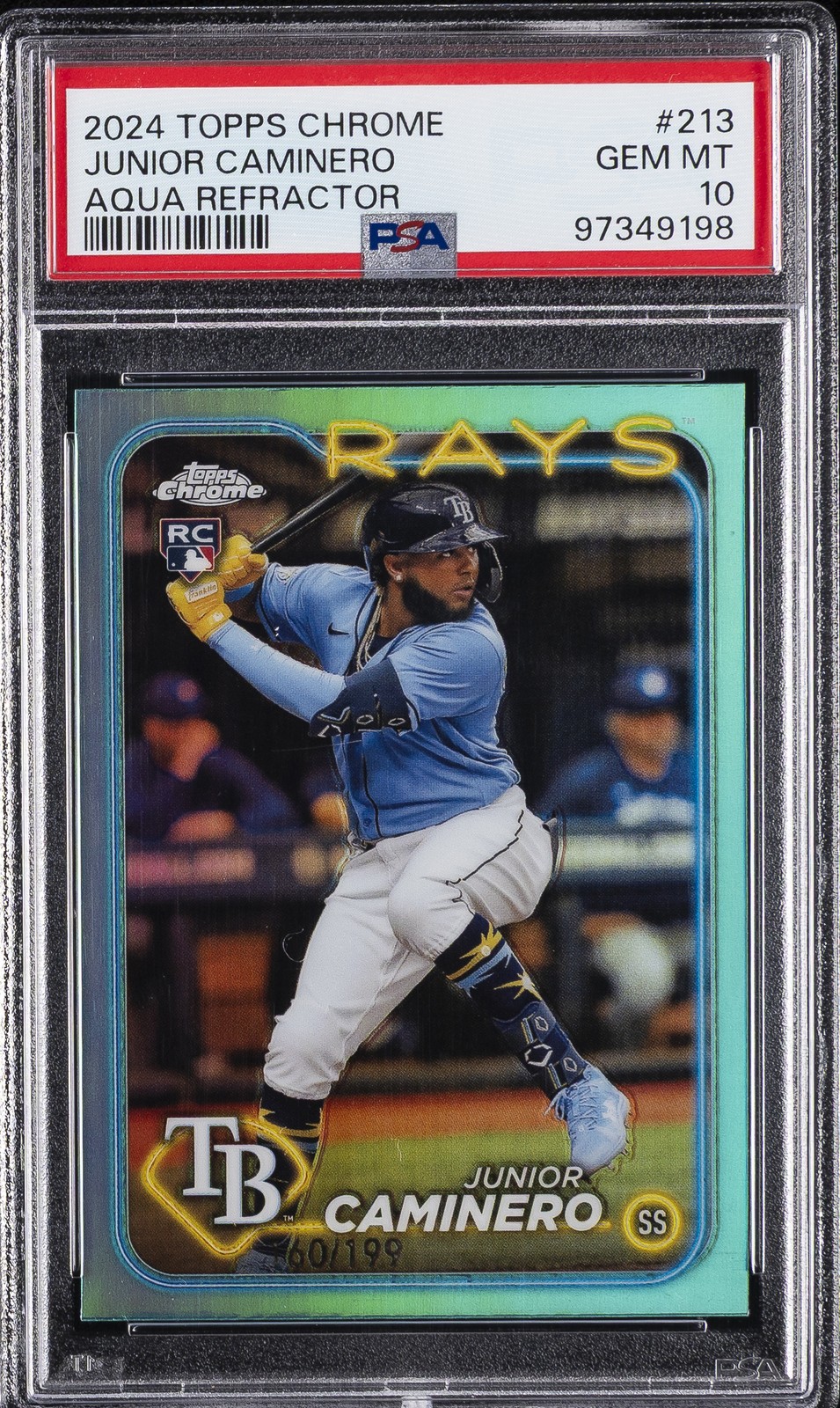 2024 TOPPS CHROME AQUA REFRACTOR #213 JUNIOR CAMINERO 160/199 PSA 10