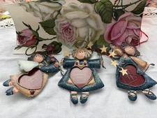 St. Nicholas Tin Square Angel Heart Shape Photo Frame Ornaments Set of 3