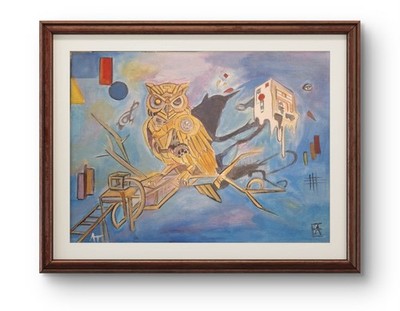 Original Signed 9x12 Bold Owl Machine Acrylic Expressionist Art On Paper