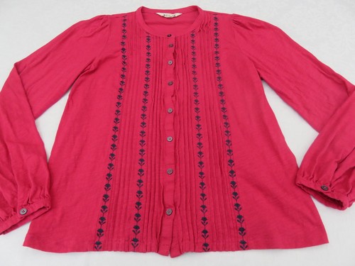 BLUSA TOP 100% ALGODÓN MANGA LARGA ROSA MAGENTA SUELO CON BORDADO AZUL MARINO UK 12 - Imagen 14 de 17