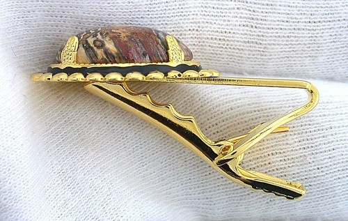 1 1/2 INCH 18x13 OVAL LEOPARDSKIN JASPER CAB GOLDPLATED TIE CLIP BAR EPTT298 - Picture 2 of 2