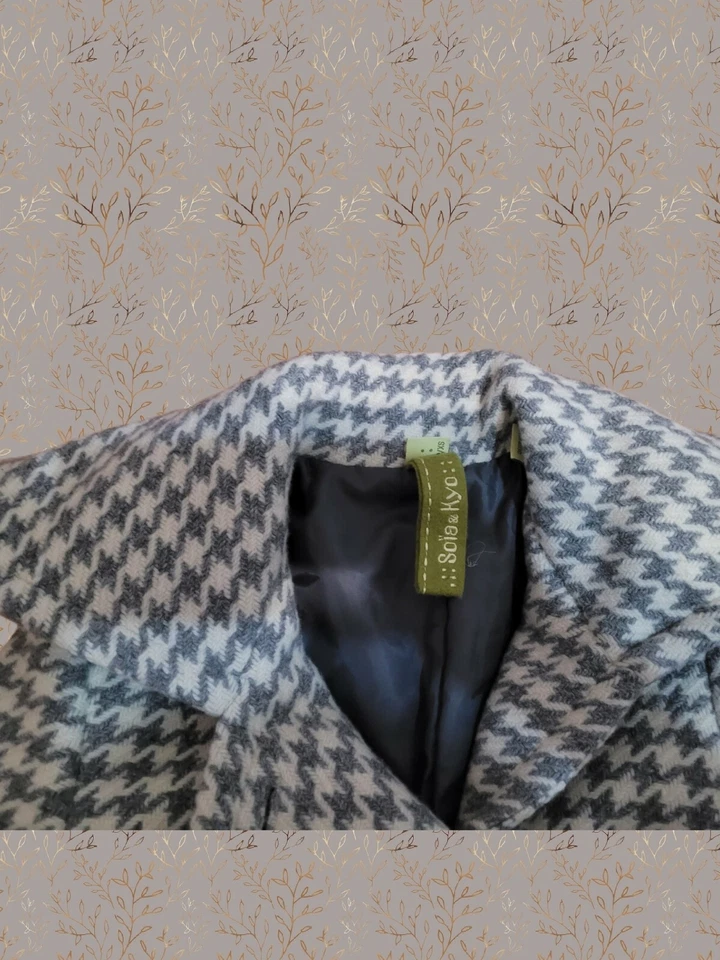 Chaqueta Abrigo Mujer Soia & Kyo Tweed Cuadros Gris y Crema Perros Dientes Lana Cinturón  Foto 4 de 4
