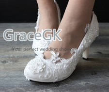 Lace bridal crystal wedding shoes pearls low high heel flat bridesmaid prom shoe