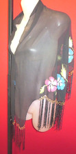 Hand Painted Floral Piano Shawl wrap gold metallic Trim Beaded Tassled Fringed