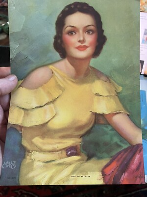 1930 s Art Noveau Print Walt Otto Pin-Up Cheesecake ''Girl in Yellow''.