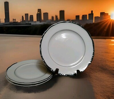 3 Gildhar Ltd. Renaissance White Dessert Plate Platinum Scallop Edge 6.25 D NWT