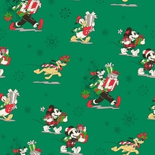 BTHY Disney Mickey Mouse  Friends Goofy Pluto Christmas Day Green Cotton Fabric