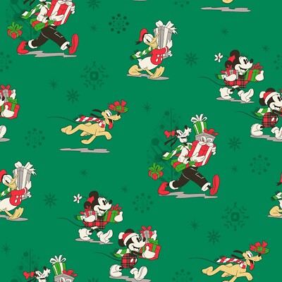 BTHY Disney Mickey Mouse & Friends Goofy Pluto Christmas Day Green Cotton Fabric