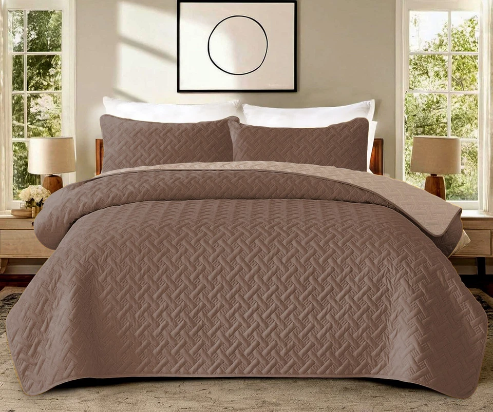 3 Piece Emboss Bedspread Quilted Comforter Bedding Set Bed Throw Reversible - Image 3 of 4