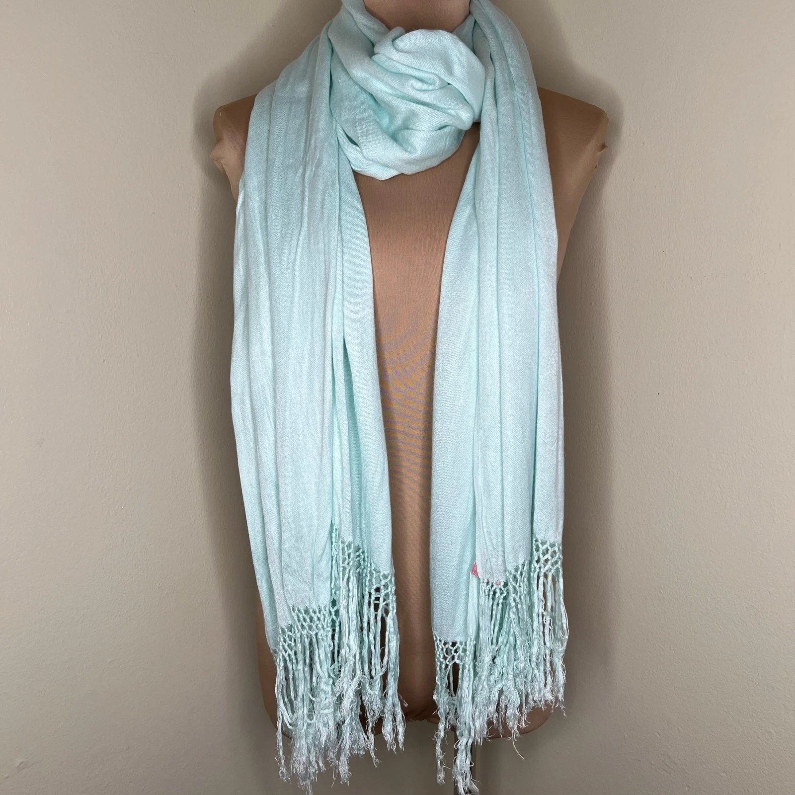 Theodora & Callum Scarf 28x76 Fringe Viscose Knit Blue Rectangle Shawl Minimal