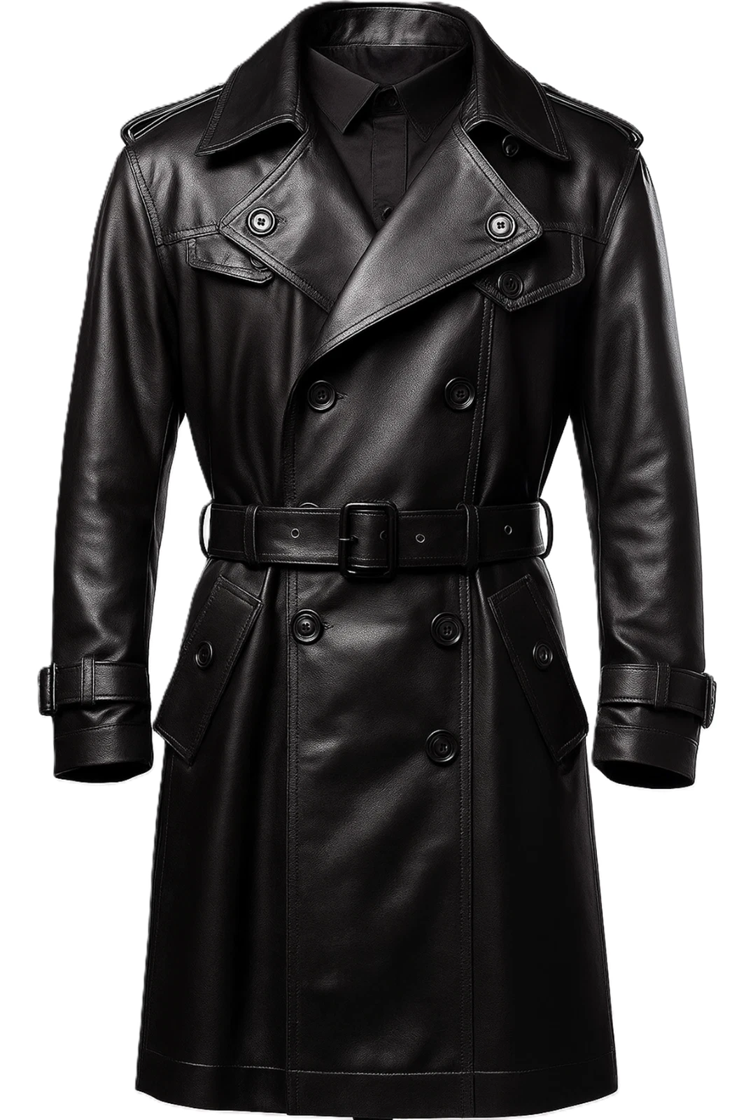 Men’s Long Black Genuine Leather Trench Coat Vintage Double-Breasted Belted Coat - product detail image 1