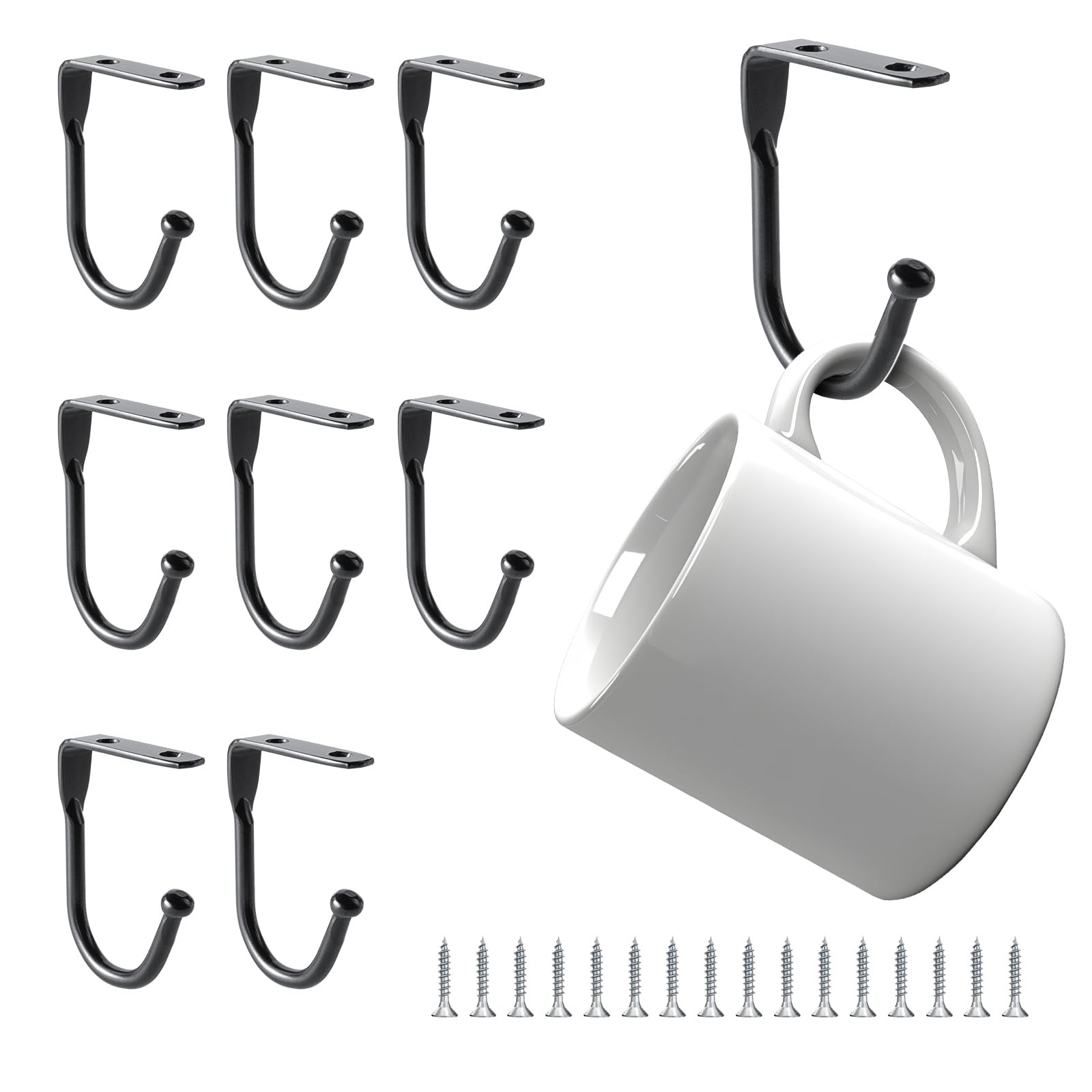 8 Set Black Cup Hooks Mug Hooks Under Shelf Equipped with 16 M4 Screws for