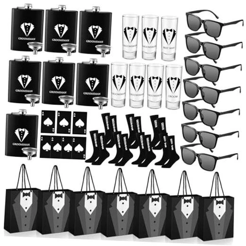  42 Pcs Groomsmen Gifts Set Groomsmen Proposal Bags with Tuxedo Flask Shot 7