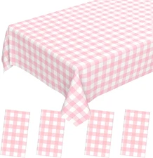 4 Pcs Pink Gingham Tablecloth, Disposable Plastic Pink Checkered Table Cloth, Pi